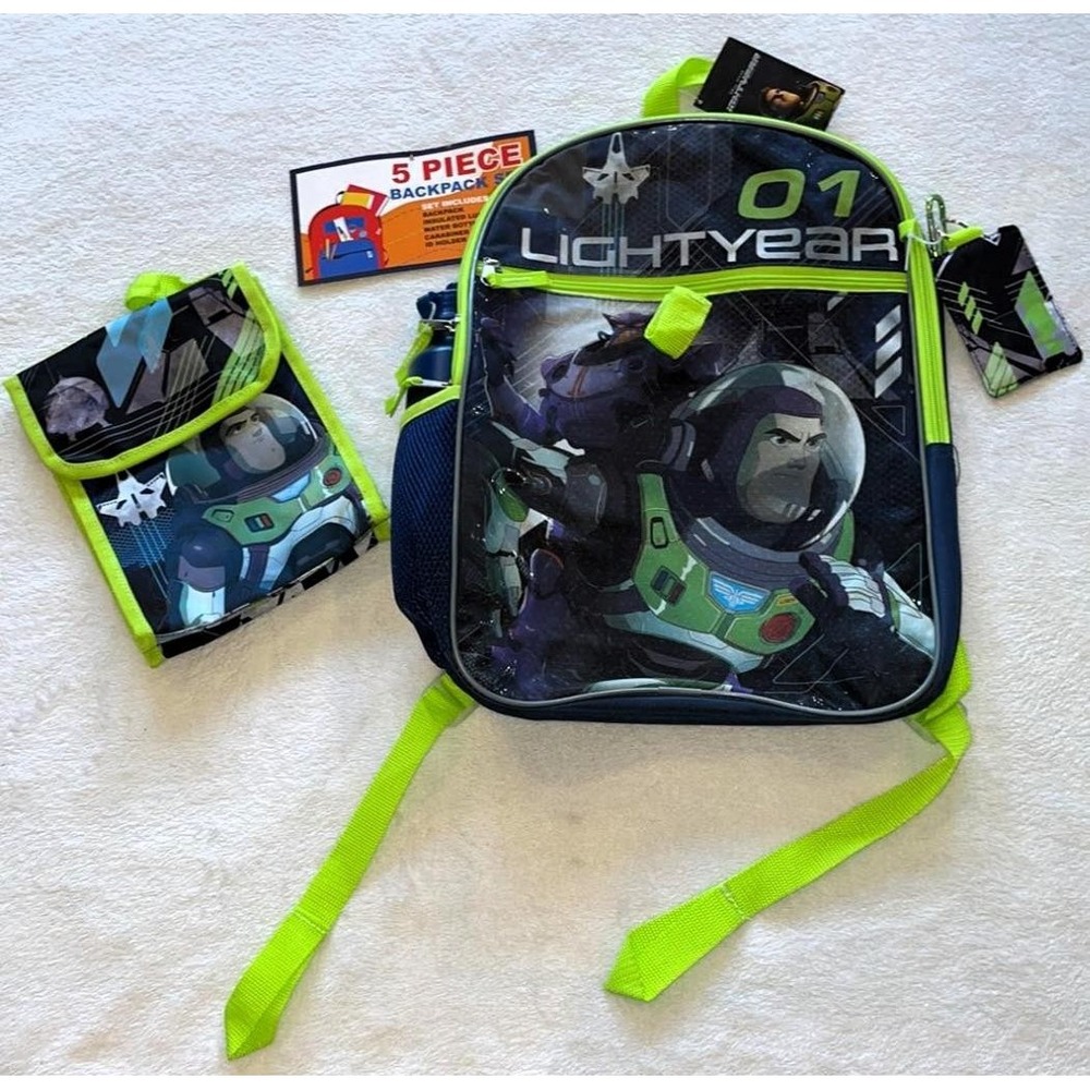 NWT Buzz Lightyear 16" Backpack Lunch Tote ID Tag Clip and Water Bottle 5 Pc Set